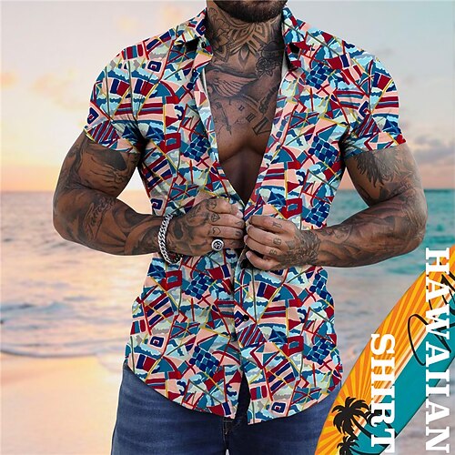 

Men's Shirt Color Block Graphic Prints Turndown Blue Green Street Casual Short Sleeves Button-Down Print Clothing Apparel Tropical Fashion Designer Hawaiian