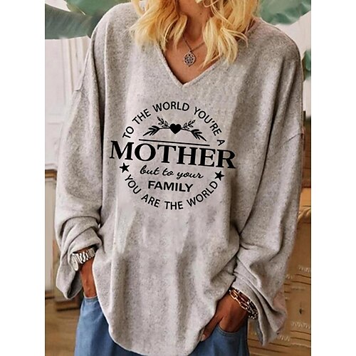 

Women's T shirt Tee Grey Text Print Long Sleeve Daily Weekend Basic V Neck Regular Painting S