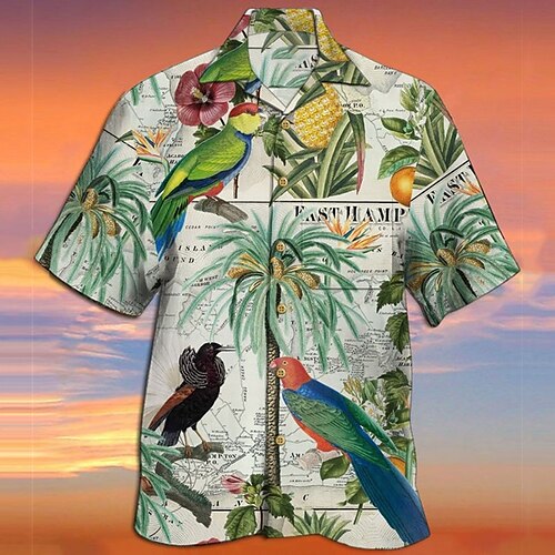 

Men's Shirt Summer Hawaiian Shirt Graphic Prints Parrot Turndown Green Casual Going out Short Sleeves Button-Down Print Clothing Apparel Tropical Hawaiian Designer Casual