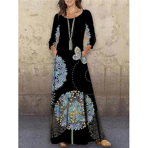 

Women's Casual Dress T Shirt Dress Tee Dress Long Dress Maxi Dress Black Blue Long Sleeve Graphic Pocket Winter Fall Spring Crew Neck Classic Daily Weekend 2022 S M L XL 2XL 3XL