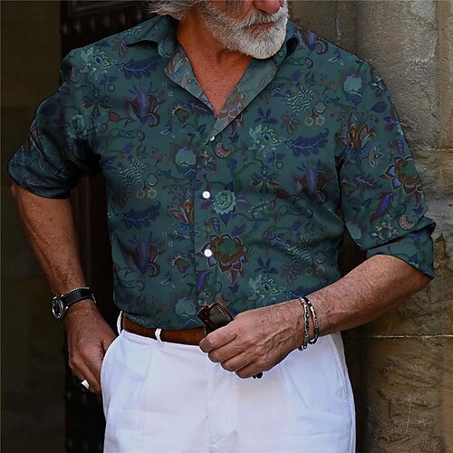 

Men's Shirt Floral Graphic Prints Turndown Black Blue Outdoor Street Long Sleeve Button-Down Print Clothing Apparel Fashion Designer Casual Soft