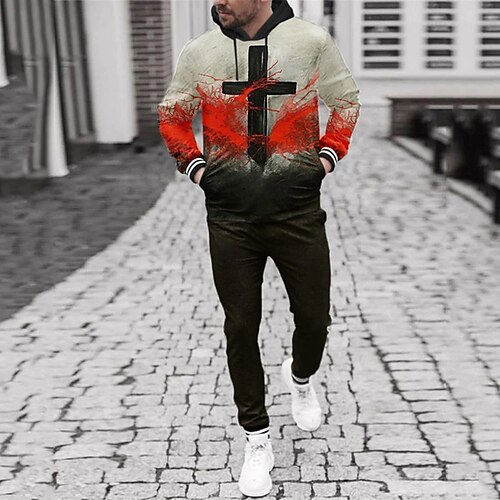 

Men's Tracksuit Hoodies Set Army Green Hooded Graphic Cross 2 Piece Print Sports Outdoor Casual Sports 3D Print Basic Streetwear Designer Fall Spring Clothing Apparel Hoodies Sweatshirts