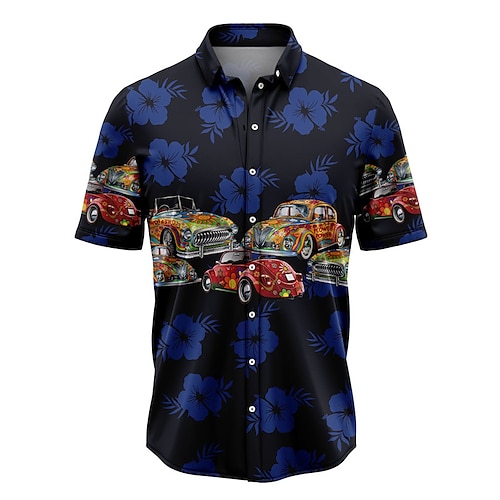 

Men's Shirt Summer Hawaiian Shirt Floral Car Graphic Prints Turndown Navy Blue Street Casual Short Sleeves Button-Down Print Clothing Apparel Tropical Fashion Hawaiian Designer