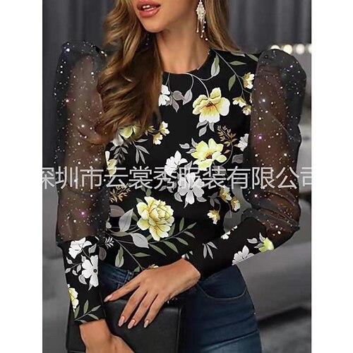 

Women's T shirt Tee Black White Yellow Flower Print Long Sleeve Daily Basic Round Neck Regular S