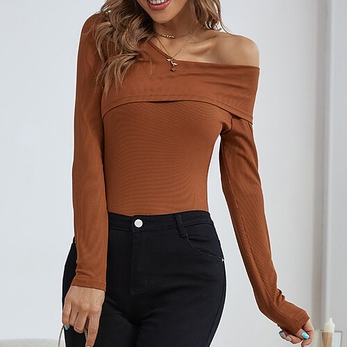 

Women's Shirt Blouse Brown Plain Long Sleeve Casual Basic V Neck Regular S