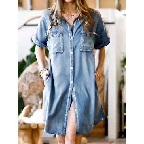 

Women's Casual Dress Shift Dress Denim Dress Mini Dress Blue Grey Short Sleeve Pure Color Button Winter Fall Spring Shirt Collar Basic Daily Vacation 2023 S M L XL XXL