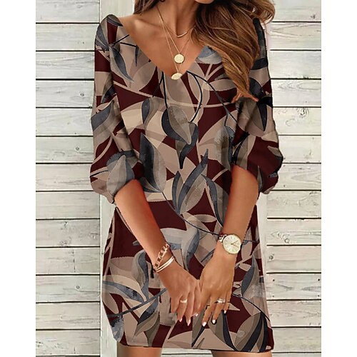 

Women's Sweatshirt Dress Shift Dress Mini Dress Maroon Yellow Dusty Blue 3/4 Length Sleeve Graphic Print Winter Fall Spring V Neck Fashion Vacation Weekend 2022 S M L XL 2XL 3XL