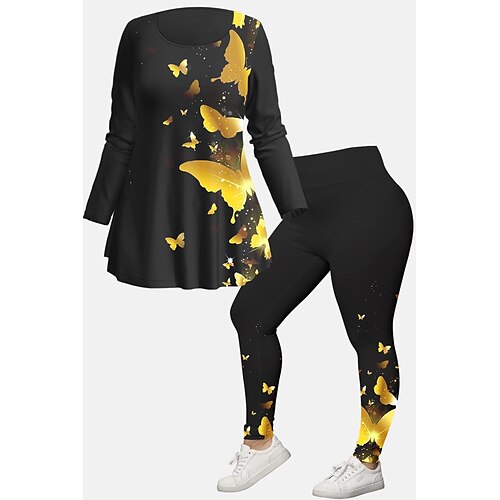 

Women's Shirt Pants Sets Pants Trousers Basic Black White Casual Daily Butterfly Print Crew Neck L XL XXL 3XL