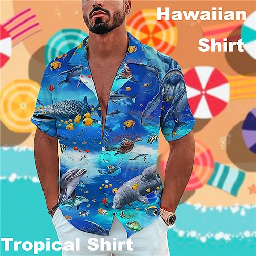 

Herren Hemd Hawaii Shirt Tier Hai Grafik-Drucke Umlegekragen Blau Grau Casual Festtage Kurzarm Button-Down Bedruckt Bekleidung Tropisch Modisch Hawaiianisch Weich