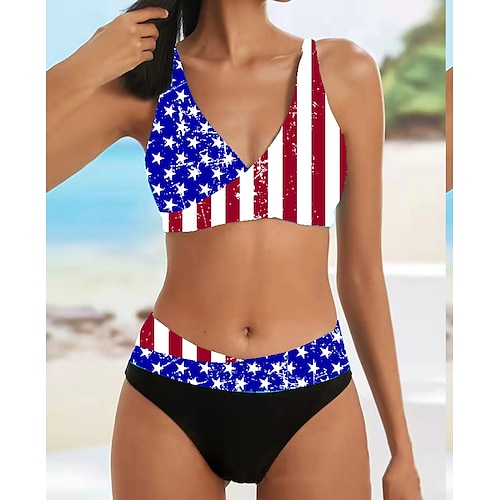 

Women's Swimwear Tankini 2 Piece Normal Swimsuit 2 Piece American US Flag Light Green Red Royal Blue Blue Rose Red Crop Top Bathing Suits Sports Summer
