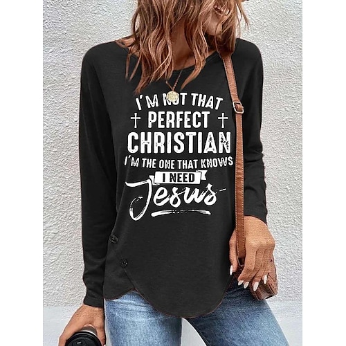 

Women's T shirt Tee Black White Red Text Print Long Sleeve Daily Weekend Basic Round Neck Regular Painting S