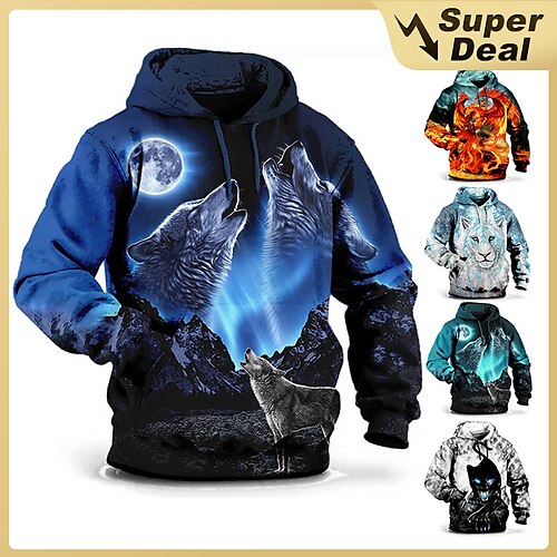 

Men's Plus Size Pullover Hoodie Sweatshirt Big and Tall Wolf Hooded Long Sleeve Spring & Fall Basic Fashion Streetwear Comfortable Work Daily Wear Tops