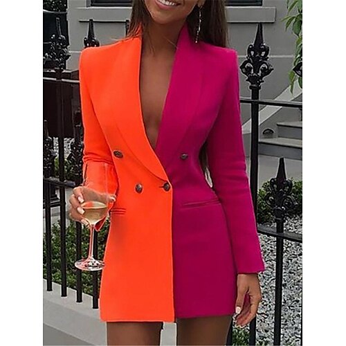 

Women's Work Dress Blazer Dress Sheath Dress Midi Dress Black Yellow Orange Long Sleeve Color Block Patchwork Spring Fall Winter V Neck Fashion 2023 S M L XL 2XL 3XL