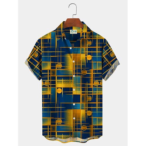 

Men's Shirt Color Block Graphic Prints Geometry Turndown Blue 3D Print Outdoor Street Short Sleeves Button-Down Print Clothing Apparel Fashion Designer Casual Soft