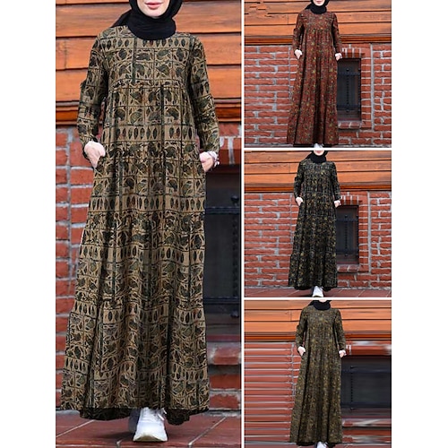 

robe longue Femme Robe casual manche longue Hiver Automne Printemps - Mode musulman Robe chic Poche Imprimer Fleur Col Ras du Cou Vacances Lin Ample 2023 Rouge bleu marine Marron Kaki S M L XL XXL