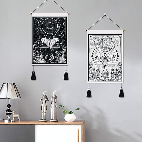 

pacote com 2 tapeçaria de parede boêmia de tarô, decoração de arte, decoração de parede, casa, quarto, decoração de sala de estar, algodão nórdico, borla de linho, sol, lua, 14 x 20