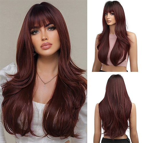 

parrucche lunghe ombre rosse per donna parrucca bordeaux capelli ricci ondulati sintetici natuaral con frangia per uso quotidiano cosplay party-24 pollici