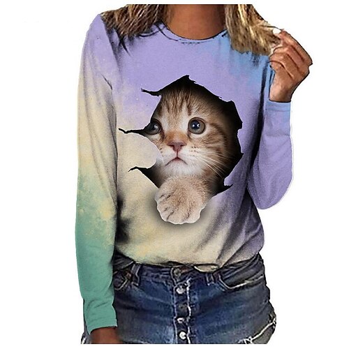 

Women's T shirt Tee Black White Blue Cat 3D Print Long Sleeve Daily Weekend Basic Round Neck Regular Cat Painting S