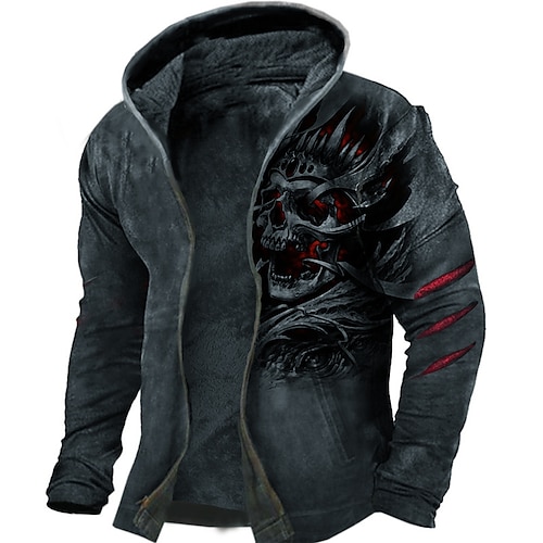 

Men's Fleece Jacket Full Zip Hoodie Fleece Hoodie Sherpa Jacket Distressed Hoodie Dark Gray Hooded Skull Graphic Prints Zipper Print Sports & Outdoor Daily Sports 3D Print Fleece Streetwear Designer