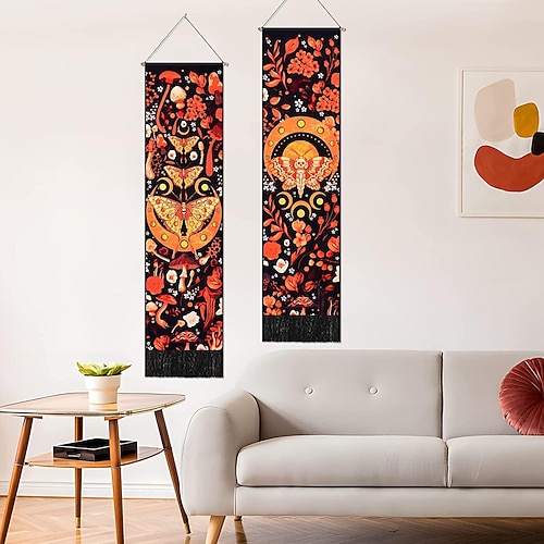 

Pack of 2 Tarot Divination Woven Bohemian Wall Tapestry Art Decor Blanket Curtain Hanging Home Bedroom Living Room Decoration Nordic Cotton Linen Tassel Moon Stars Sun Butterfly 14 x 20