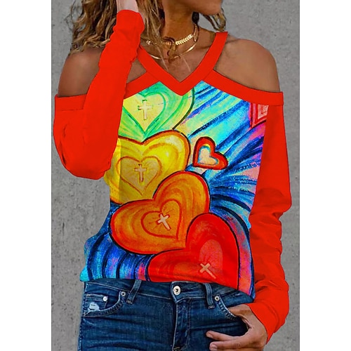 

Women's T shirt Tee White Orange Green Color Block Heart Patchwork Cut Out Long Sleeve Valentine Basic V Neck Regular S