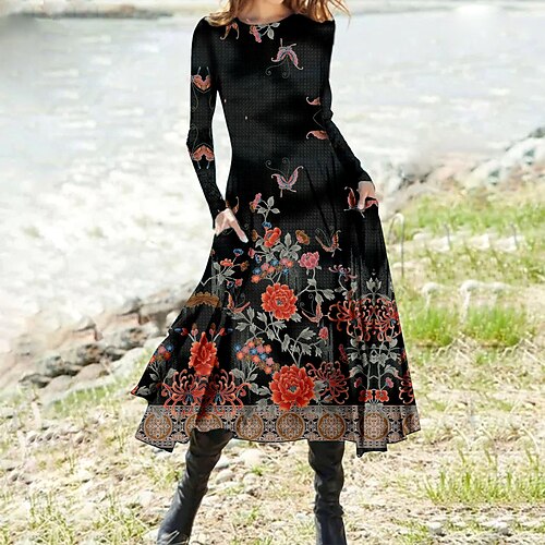 

Women's Casual Dress Swing Dress Midi Dress Black Brown Khaki Long Sleeve Floral Pocket Winter Fall Spring Crew Neck Fashion Daily Weekend 2023 S M L XL XXL 3XL