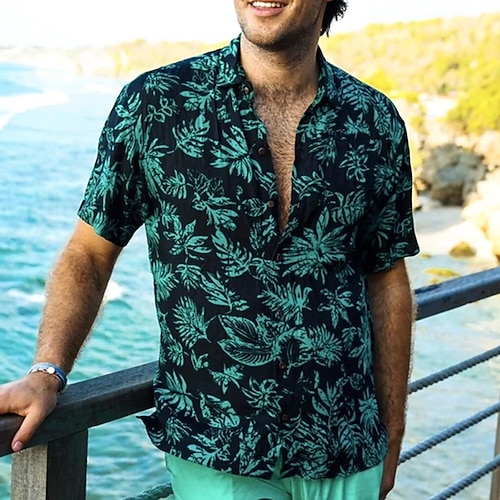 

Men's Shirt Graphic Prints Leaves Turndown Green Outdoor Street Short Sleeves Button-Down Print Clothing Apparel Tropical Fashion Designer Hawaiian