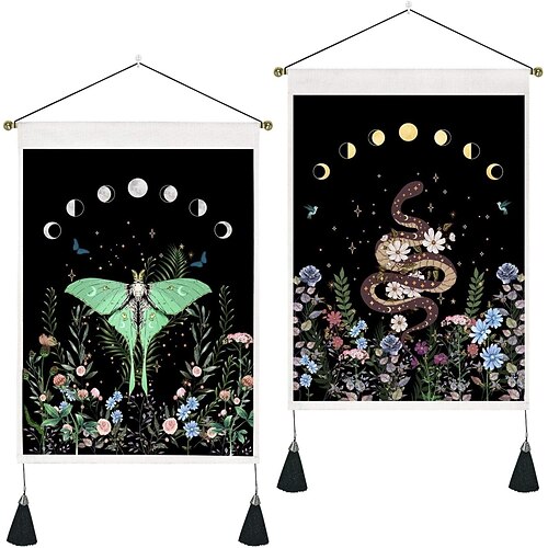 

Pack of 2 Tarot Divination Woven Bohemian Wall Tapestry Art Decor Blanket Curtain Hanging Home Bedroom Living Room Decoration Nordic Cotton Linen Tassel Butterfly Snake Plant 14 x 20