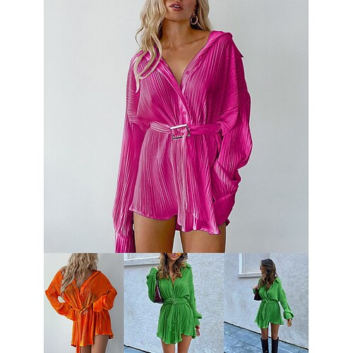 

Women's Casual Dress Shirt Dress Mini Dress Pink Orange Green Long Sleeve Pure Color Lace up Winter Fall Spring Shirt Collar Fashion Daily Vacation Weekend Loose Fit 2023 S M L