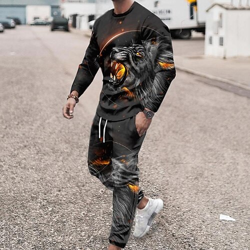 

Men's Tracksuit Sweatsuit Hoodies Set Dark Gray Crew Neck Graphic Animal Lion 2 Piece Print Sports Outdoor Casual Sports 3D Print Basic Streetwear Sportswear Fall Spring Clothing Apparel Hoodies