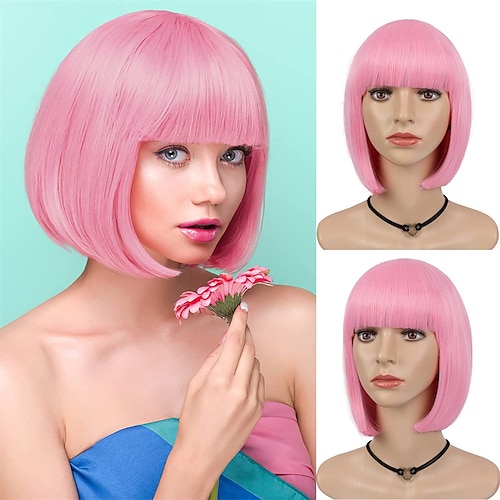 

hot pink paryk korte lige bob parykker til kvinder varmebestandigt syntetisk hår neon pink parykker dame kostume parykker farvede parykker til sjov fest kostume cosplay brug