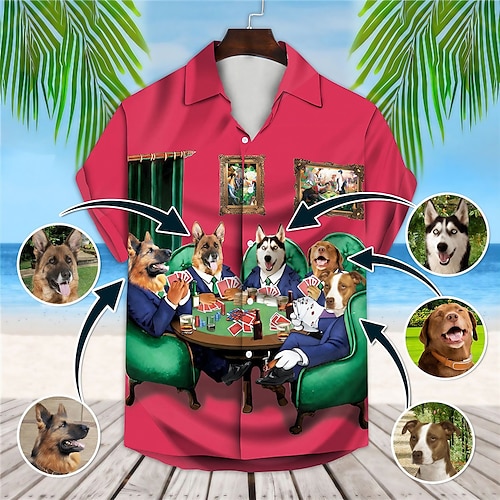 

Men's Shirt Summer Hawaiian Shirt Dog Graphic Prints Poker Turndown Red Fuchsia Green Street Casual Short Sleeves Button-Down Print Clothing Apparel Tropical Fashion Hawaiian Designer