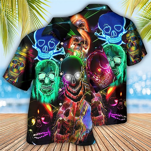 

Men's Shirt Summer Hawaiian Shirt Skull Graphic Prints Turndown Rainbow Casual Holiday Short Sleeve Button-Down Print Clothing Apparel Tropical Fashion Hawaiian Soft