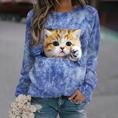 

Women's Sweatshirt Pullover Basic Yellow Pink Blue Cat Street Round Neck Long Sleeve