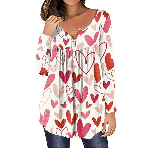 

Women's Shirt Blouse White Pink Wine Heart Button Print Long Sleeve Casual Daily Basic V Neck Regular S
