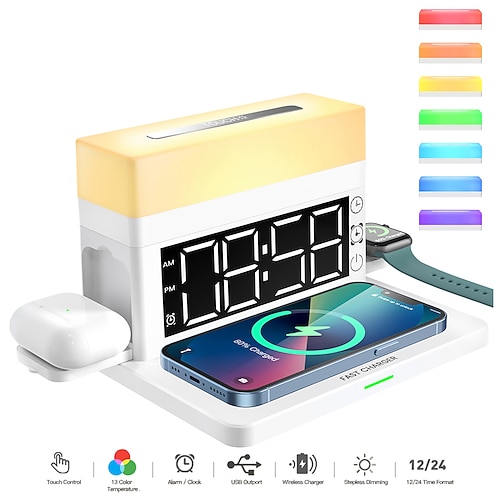 

Wireless Charging Station 6 in 1 Alarm Clock RGB Night Light Charging Station For iPhone 12/13/14 Pro/13 Mini/13 Pro Max/12 pro, Samsung AirPods Apple Watch