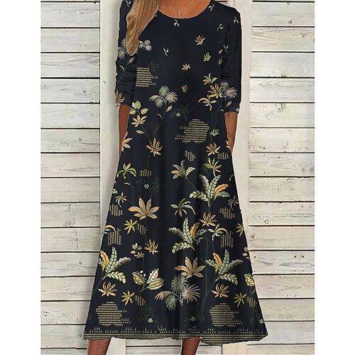 

Women's Casual Dress Midi Dress Black Wine Dark Green Long Sleeve Graphic Print Winter Fall Spring Crew Neck Fashion Daily Weekend 2022 S M L XL XXL 3XL