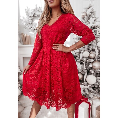 

Women's Lace Dress Sheath Dress Swing Dress Mini Dress Black Pink Red Long Sleeve Pure Color Lace Winter Fall Spring V Neck Romantic Party Daily Fall Dress 2023 S M L XL 2XL 3XL