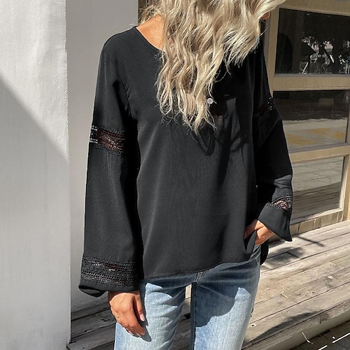 

Women's Shirt Blouse Black Plain Lace Patchwork Long Sleeve Casual Basic Round Neck Regular S