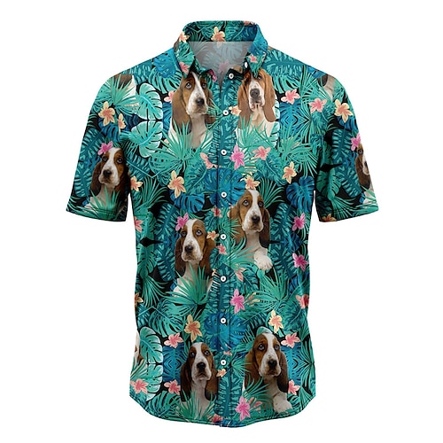 

Men's Shirt Summer Hawaiian Shirt Floral Dog Tropical Graphic Prints Turndown Blue Street Casual Short Sleeves Button-Down Print Clothing Apparel Tropical Fashion Hawaiian Designer