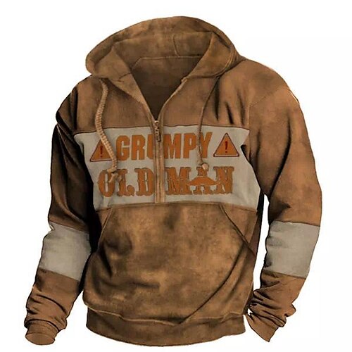 

Men's Zip Up Hoodies Pullover Brown Hooded Letter Graphic Prints Half Zip Front Pocket Daily Holiday Going out 3D Print Basic Designer Casual Spring Fall Clothing Apparel Hoodies Sweatshirts