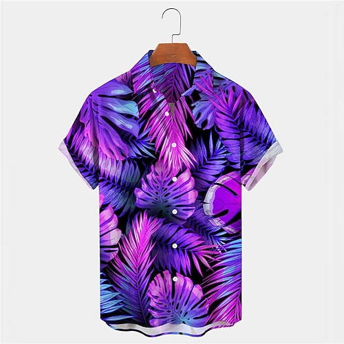 

Homens Camisa Social Camisa havaiana Estampas Abstratas Folhas Aberto para a Lateral Roxo Rua Casual Manga Curta Botão para baixo Imprimir Roupa Designer Casual Macia Respirável