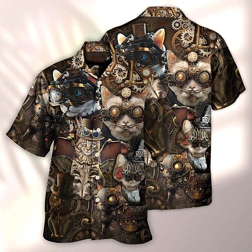 

Men's Shirt Summer Hawaiian Shirt Cat Graphic Prints Machine Clock Turndown Yellow Casual Holiday Short Sleeve Button-Down Print Clothing Apparel Tropical Fashion Hawaiian Soft