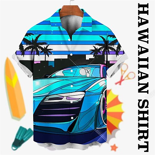 

Men's Shirt Car Coconut Tree Graphic Prints Turndown Yellow Blue Street Casual Short Sleeves Button-Down Print Clothing Apparel Tropical Fashion Designer Hawaiian