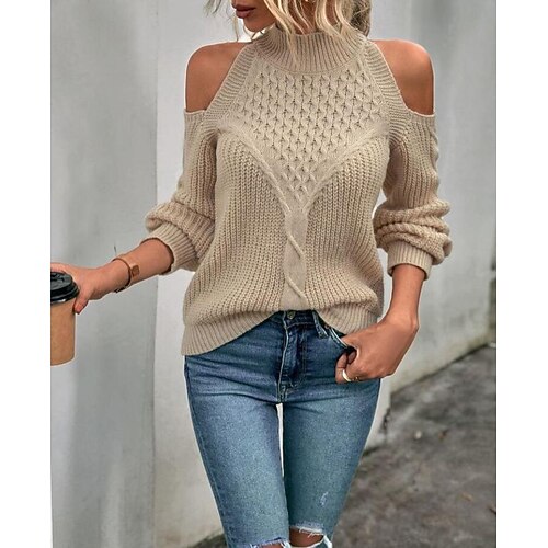 

Women's Shirt Blouse Dark Khaki Black Plain Cut Out Crochet Long Sleeve Casual Basic High Neck Regular S