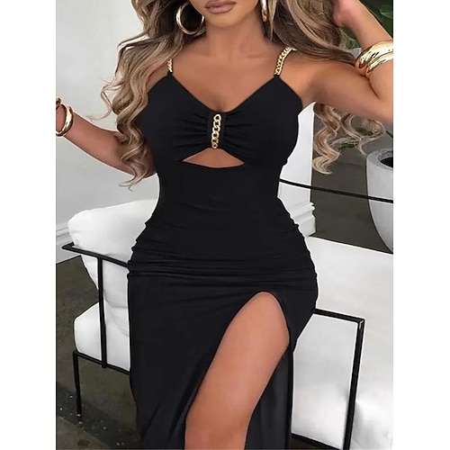 

Women's Work Dress Sheath Dress Midi Dress Black And White Black Sleeveless Color Block Split Winter Fall Spring V Neck Basic Office 2022 S M L XL
