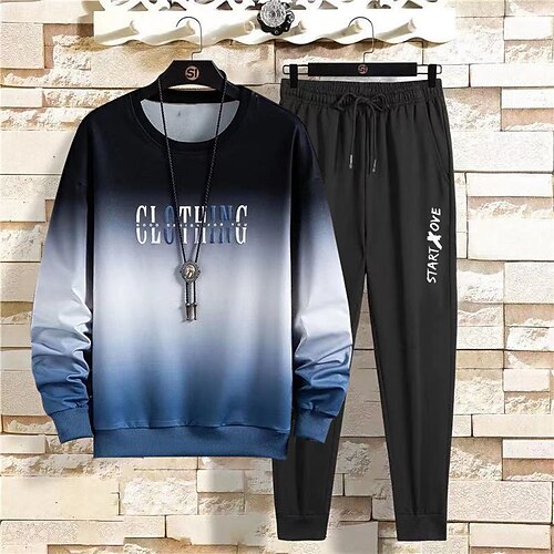 

Men's Tracksuit Sweatsuit Hoodies Set Blue Green Gray Crew Neck Graphic Color Block Letter 2 Piece Print Sports Outdoor Casual Sports 3D Print Basic Streetwear Sportswear Fall Spring Clothing