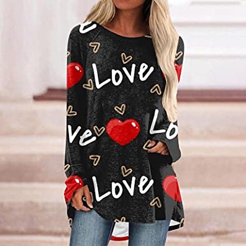 

Women's T shirt Tee big red heart striped heart Black Heart Letter Print Long Sleeve Casual Basic Round Neck Regular S