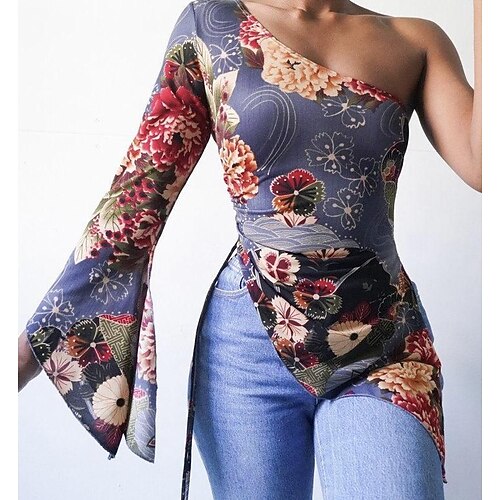 

Women's Shirt Blouse Blue Floral Asymmetric Print Long Sleeve Casual Holiday Basic One Shoulder Regular Floral S