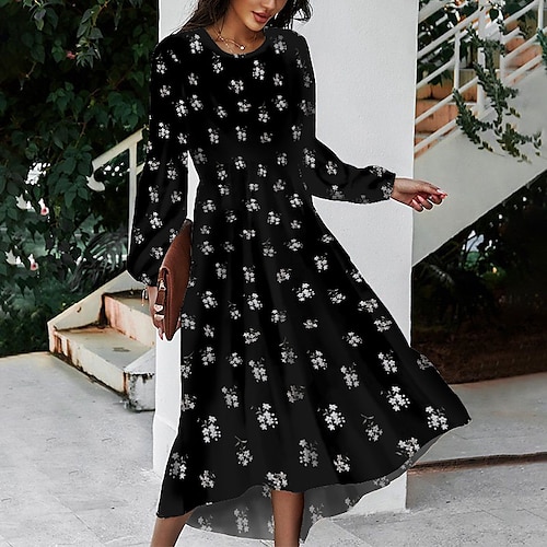 

Women's Casual Dress Swing Dress Midi Dress Light Yellow Black Light Blue Long Sleeve Flower Pocket Winter Fall Spring Crew Neck Basic Daily Vacation Weekend 2023 S M L XL 2XL 3XL